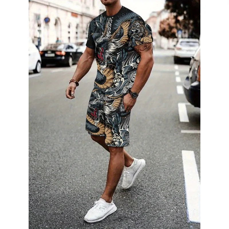 2025 Summer New Trend Retro Men's Fashion T-shirt 3D Digital Printing Creative Casual Round Neck Short Sleeved Shorts Set