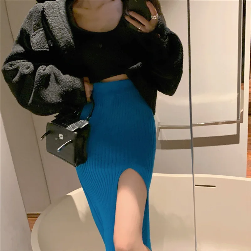 Elegant Elegant Sexy Slit Skirt Women's Slim Fit Slimming Hot Girl Knitted Dress Pure High Waist Temperament Skirt
