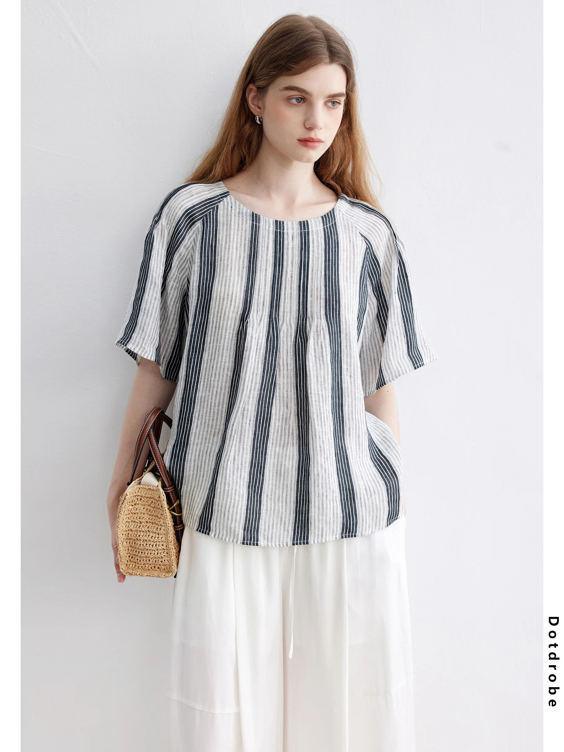 

DotDrobe 00% Linen Waed round Ne Tu Pleat ort Sve irt Women Summer Two Colors in a Set Original Design Loose Fit