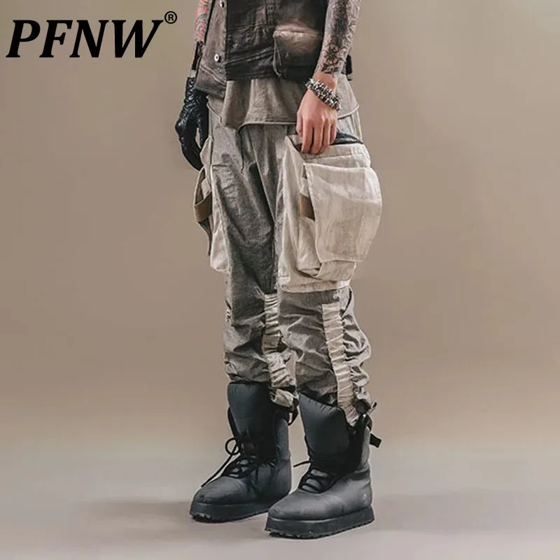 PFNW Men's Casual Pants Multi-pocket Patchwork Folded Worn-out Binding Staright Leg Elastic Waist Male Trousers Autumn New C485