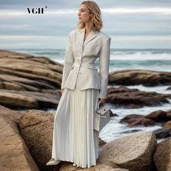 VGH Elegant Two Piece Sets For Women Norched Collar Long Sleeve Blazers High Waist Pleated Skirts Temperament Set Female Style