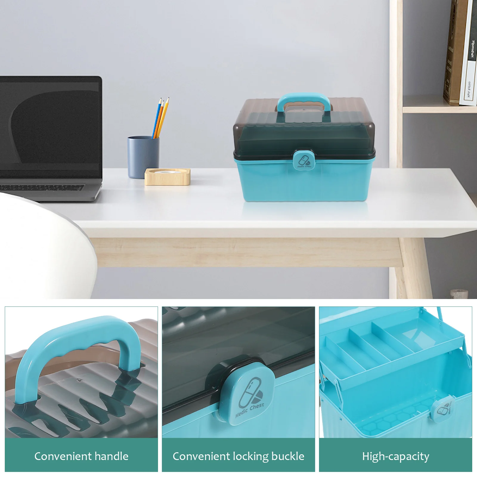 صندوق تخزين الأدوية البلاستيكية مع مقبض منظم مساعد كبير للمنزل والمكتب والمدرسة والأدوية الخارجية