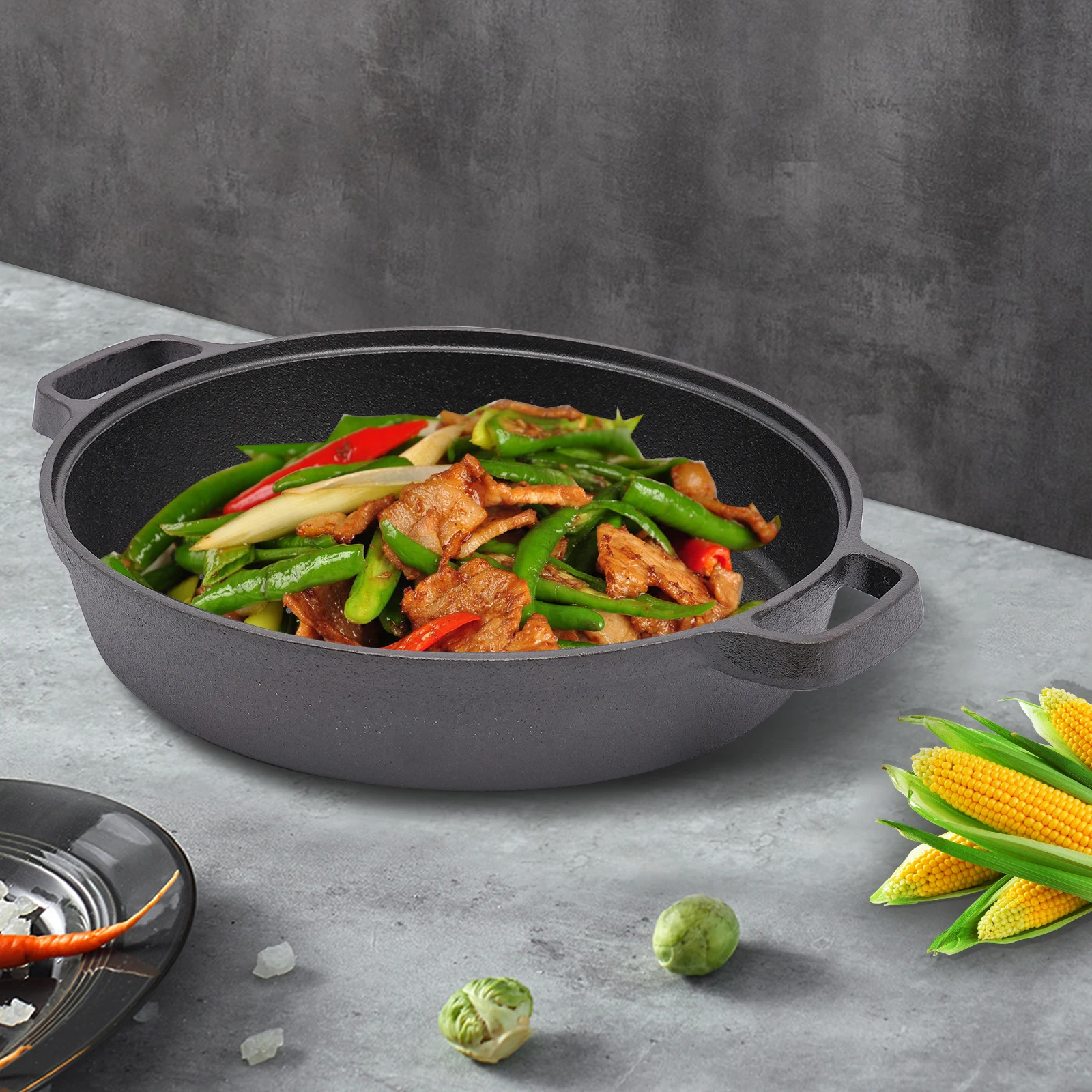 Gusseiserne Bratpfanne mit 2 Griffen, Durchmesser 25 cm, für Induktion, Elektroherde und offene Feuerstellen, Schwarz