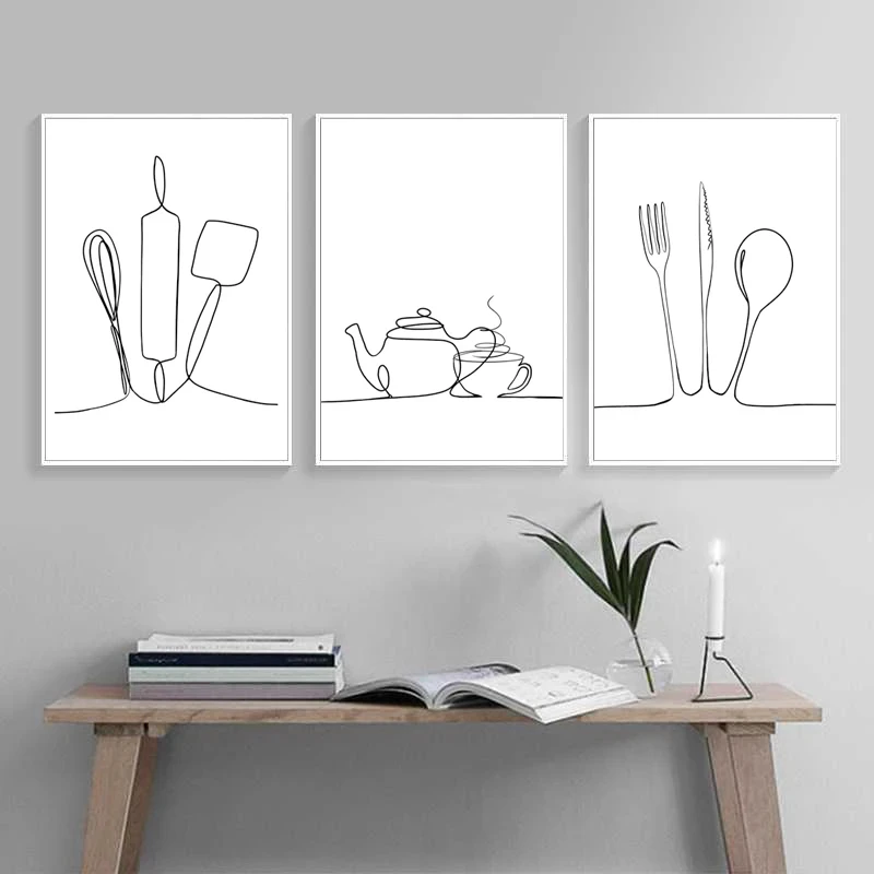 Kitchen Utensils Tableware Black White Line Pattern Abstract Wall Art Canvas Painting Nordic Posters Prints Picture Decoration