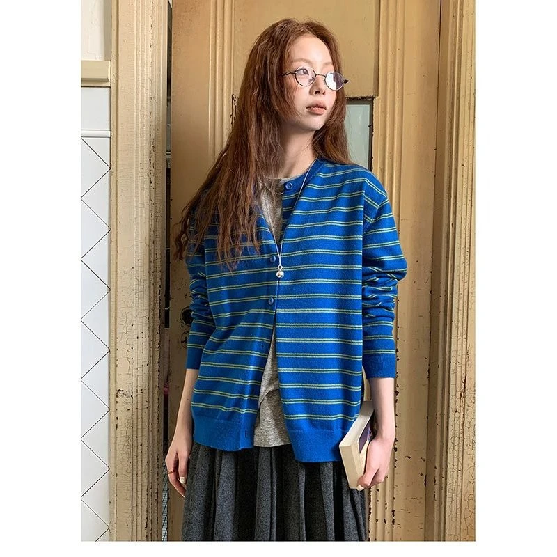

Deeptown Vintage Striped Knitted Cardigan Women Korean Style Long Sleeve Sweaters Knitwear Harajuku Y2k Casual Female Cardigan