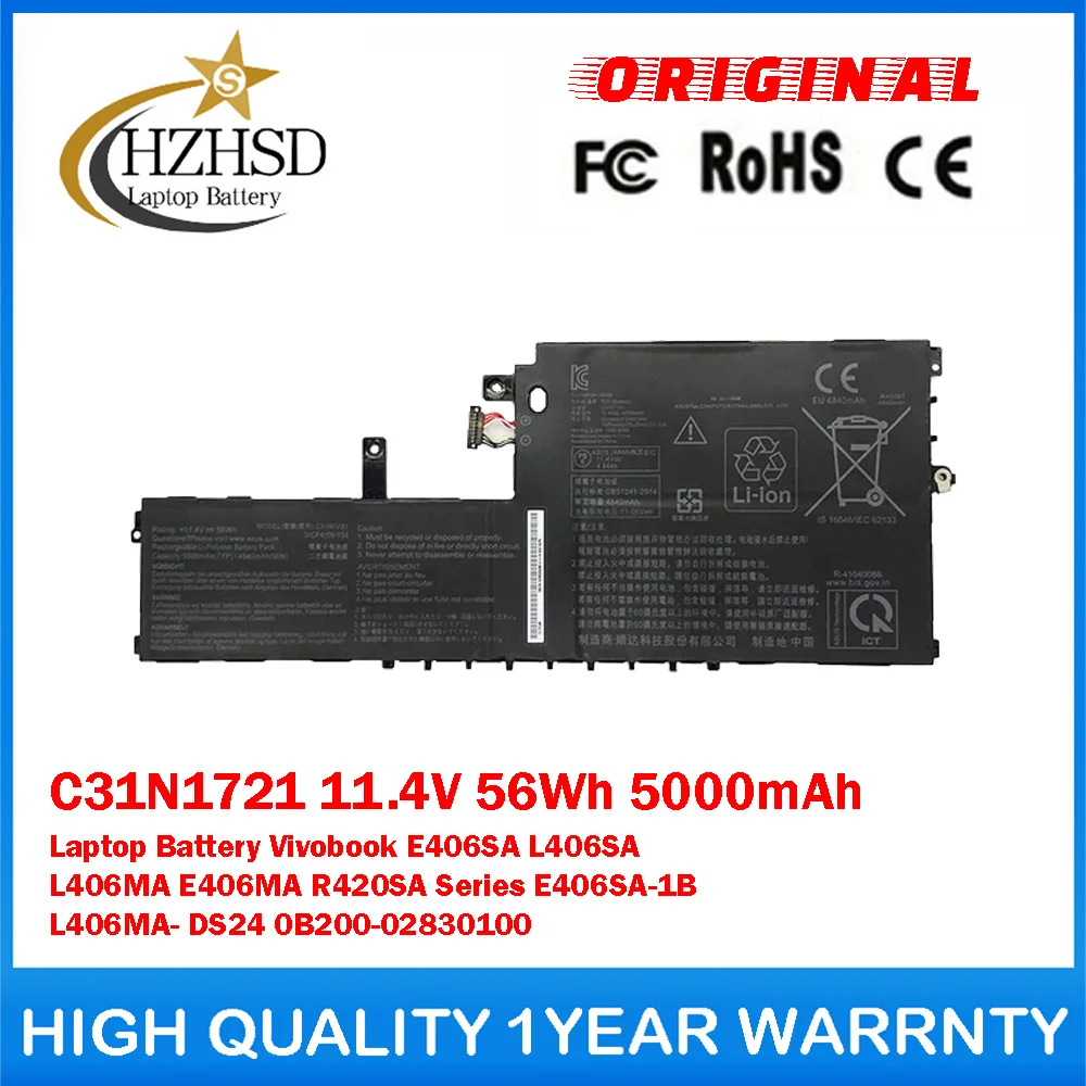 

C31N1721 11.4V 56Wh 5000mAh Genuine Original Laptop Battery For Asus Vivobook E406SA L406SA L406MA E406MA R420SASeries E406SA-1B