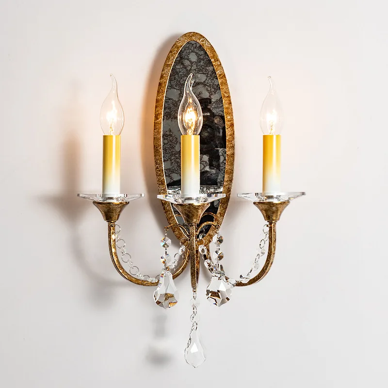 Vintage Gold Wall Lamp Classic Mirror Wall Sconce Crystal Wall Lighting Retro French Style American Lamp In Living Room Bedroom