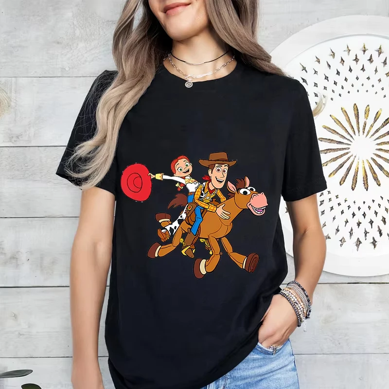 

MINISO Disney Toy Story Woody and Jessie Printed Women Summer Fashion T-Shirt Cotton Short Sleeve Casual Top Cartoon Clothing