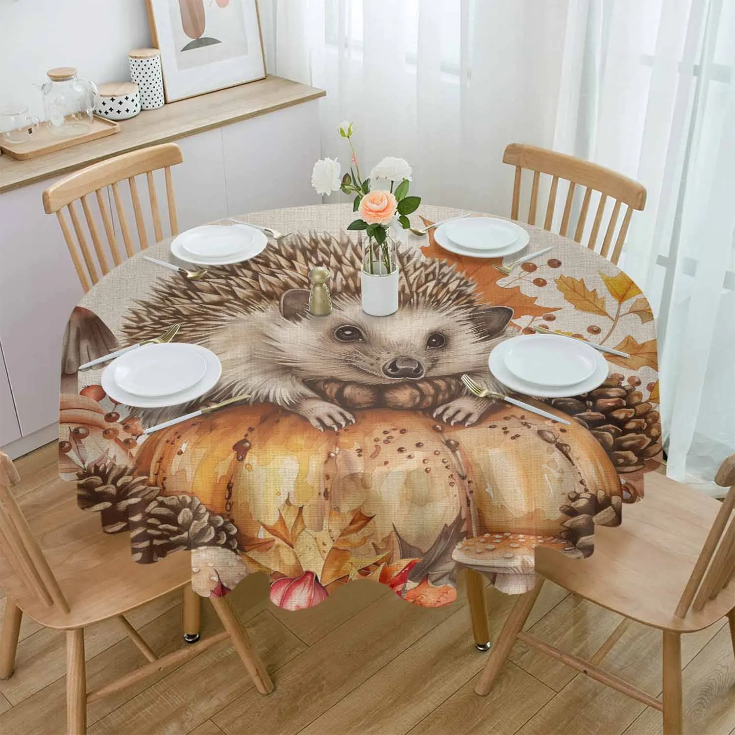 

Fall Pumpkin Hedgehog Pine Cone Round Table Cloth Festival Dining Tablecloth Waterproof Table Cover for Wedding Party Decor