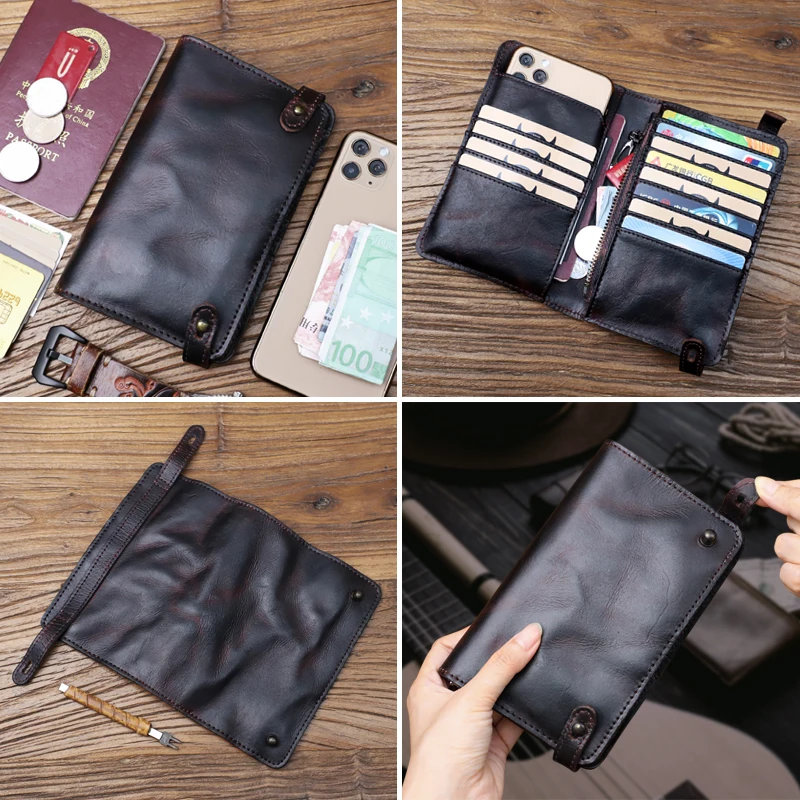 Large Capacity Card Slot Long Wallet For Men Retro Genuine Leather Clutch Wallets Handbag Bifold Money Bag Zipper Clutch Bag