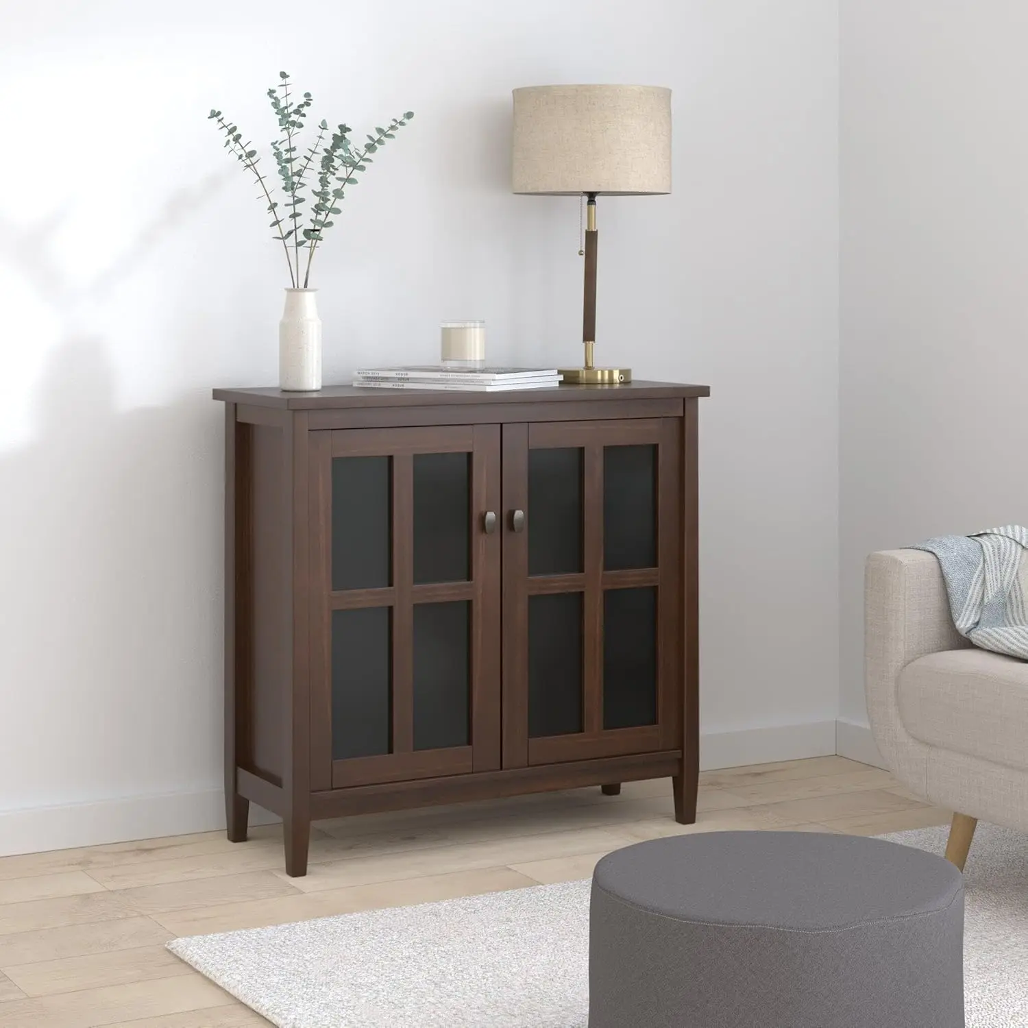 Warm Shaker SOLID WOOD 32 inch Wide Rustic Low Storage Cabinet in Tobacco Brown, with 2 Adjustable Shelves, Tempered