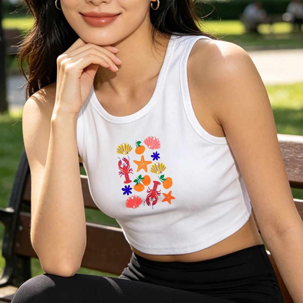 Lobster Shell Starfish Women Crop Tank Top Coastal Sea Life Pattern Knitted Cropped Tank Trendy Holiday Party Crop Tank Top