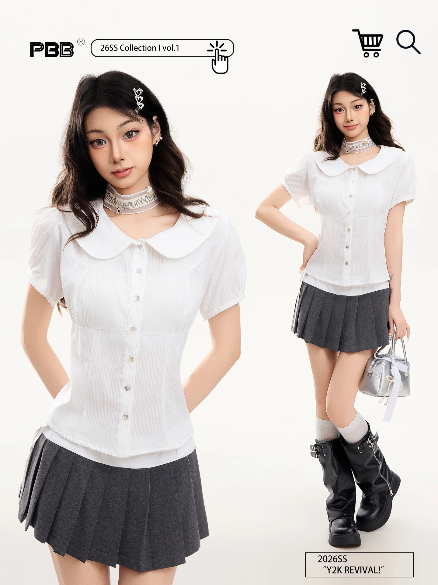 

PBB Gentle Wind Waist-Cut White Short-Sleeve Shirt Women's Anti-Aging Versatile Small Size Doll Collar Top Casual Loose Fit C...