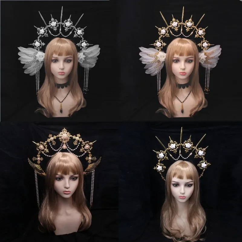 Virgin Mary Halo Crown Headpiece Lolita KC Headdress Angel Feather Wings Halo Goddess Headband Baroque Tiara Hair Accessories