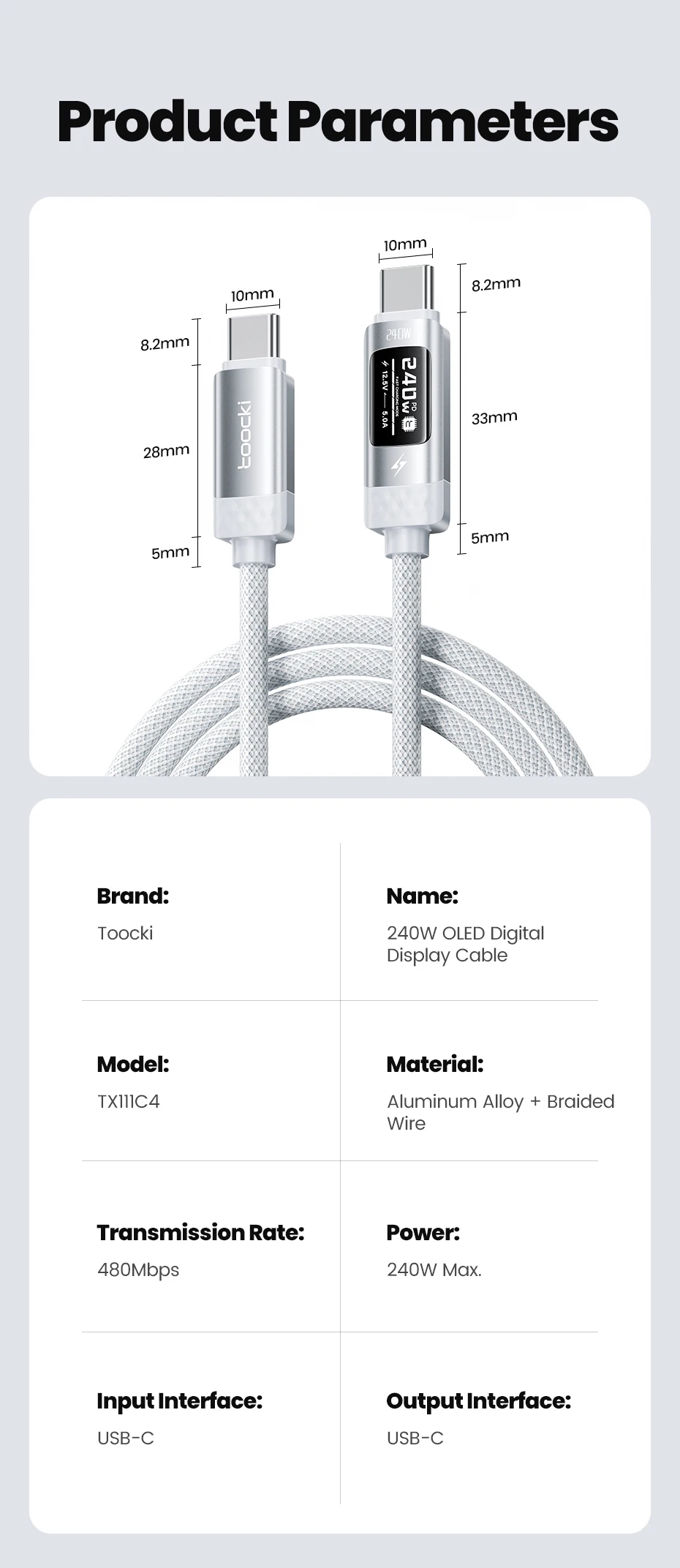 Toocki PD 240W USB-C zu USB-C Kabel 1/2/3 Stück Weiß OLED Digitalanzeige SFC 2.0 Schnellladekabel Typ C für iPhone 17 Samsung – Detail 15