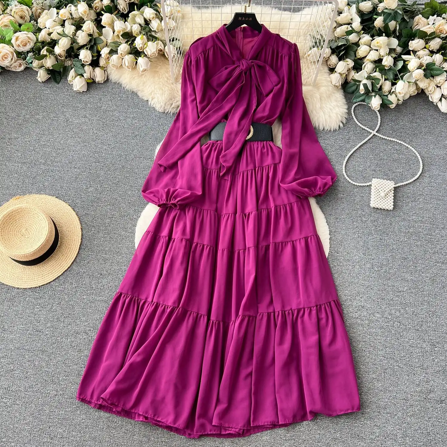 

Французское винтажное платье с бантом на шнуровке и рукавами-фонариками, повседневное женское модное осеннее платье