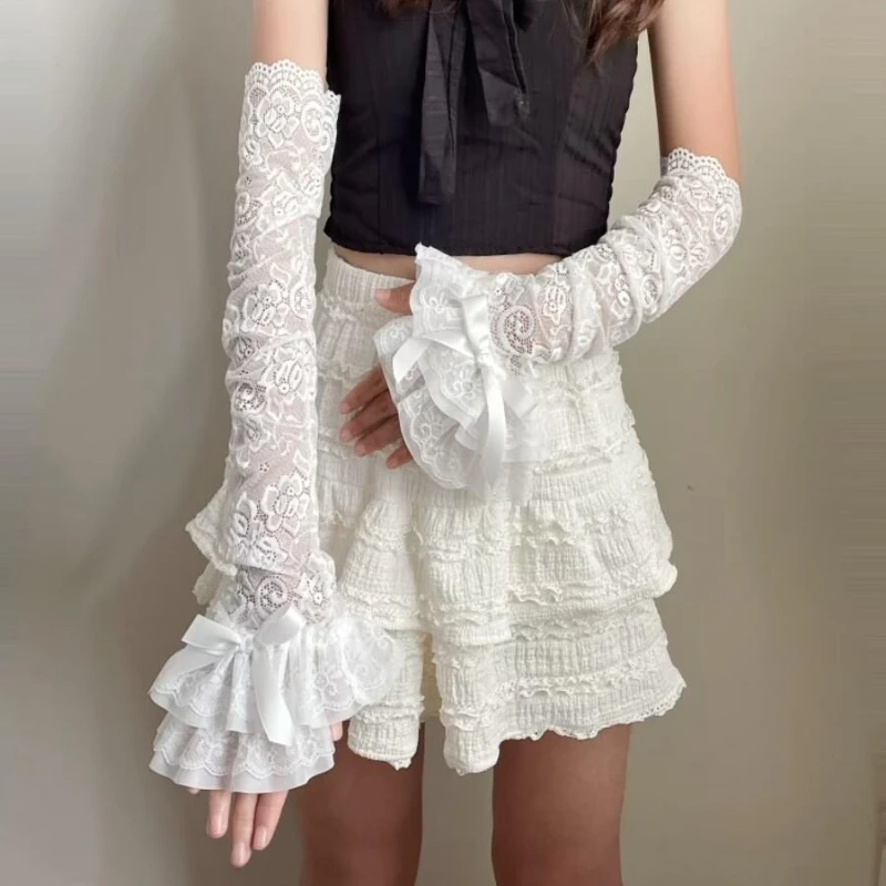 Women Lace Bowknot Sleeve Cuff Sun Protection Hollow Out Lace Fingerless Gloves Y2K Bridal Wrist Gloves Sweet Cosplay Oversleeve