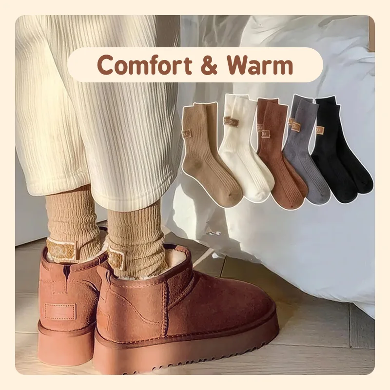 Winter Warm Velvet Thickened Pile Socks Multicolor Embroidered Mid Calf Length Socks Brown Casual Cotton Comfortable Footwear