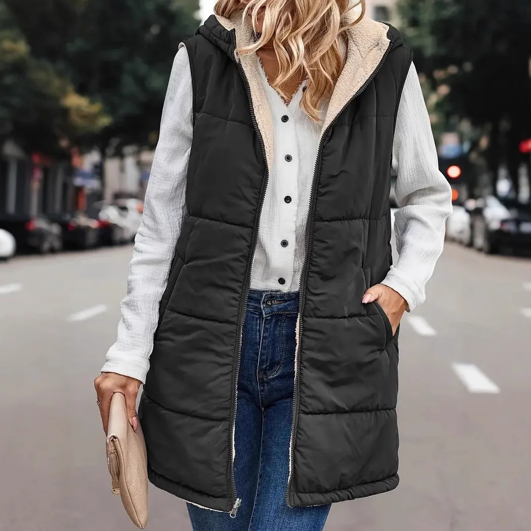 Women's Hooded Quilted Long Puffer Vest Ladies Sherpa Fleece Lined Zipper Solid Reversible Gilet Winter Thick Warm Outerwear