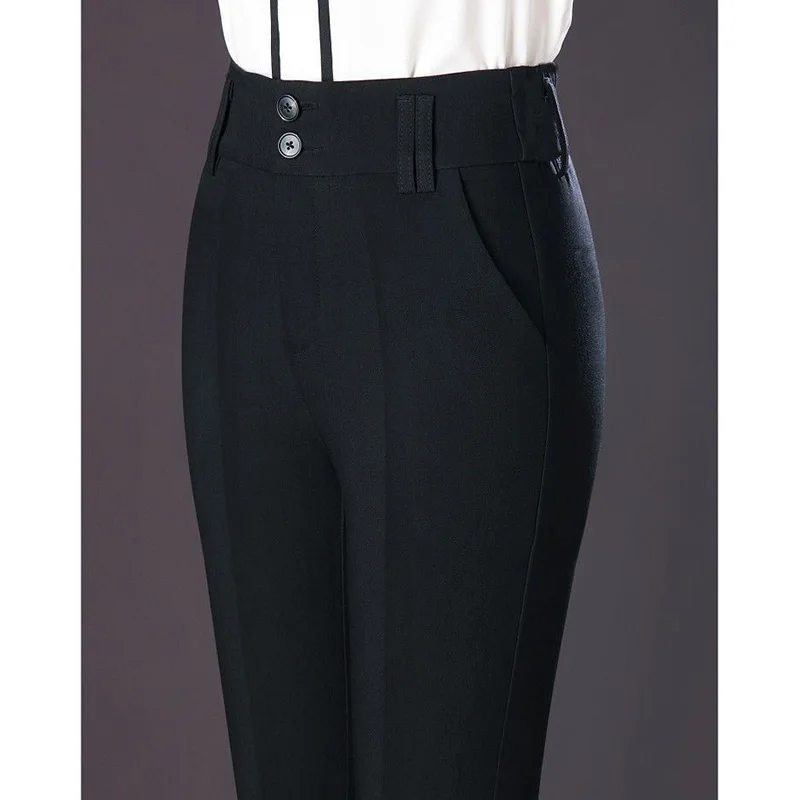 New 2023 Spring Summer Womens Button Pockets Black Versatile Trousers Office Lady Splicing Zipper High Waist Micro Horn Pants