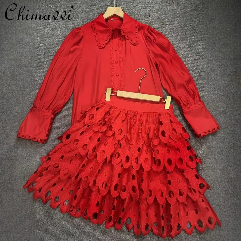 

2025 Spring and Summer New Single-breasted Shirt Long-sleeved with A-Line Embroidery Hollow Lace Water-soluble Skirt Suit Women