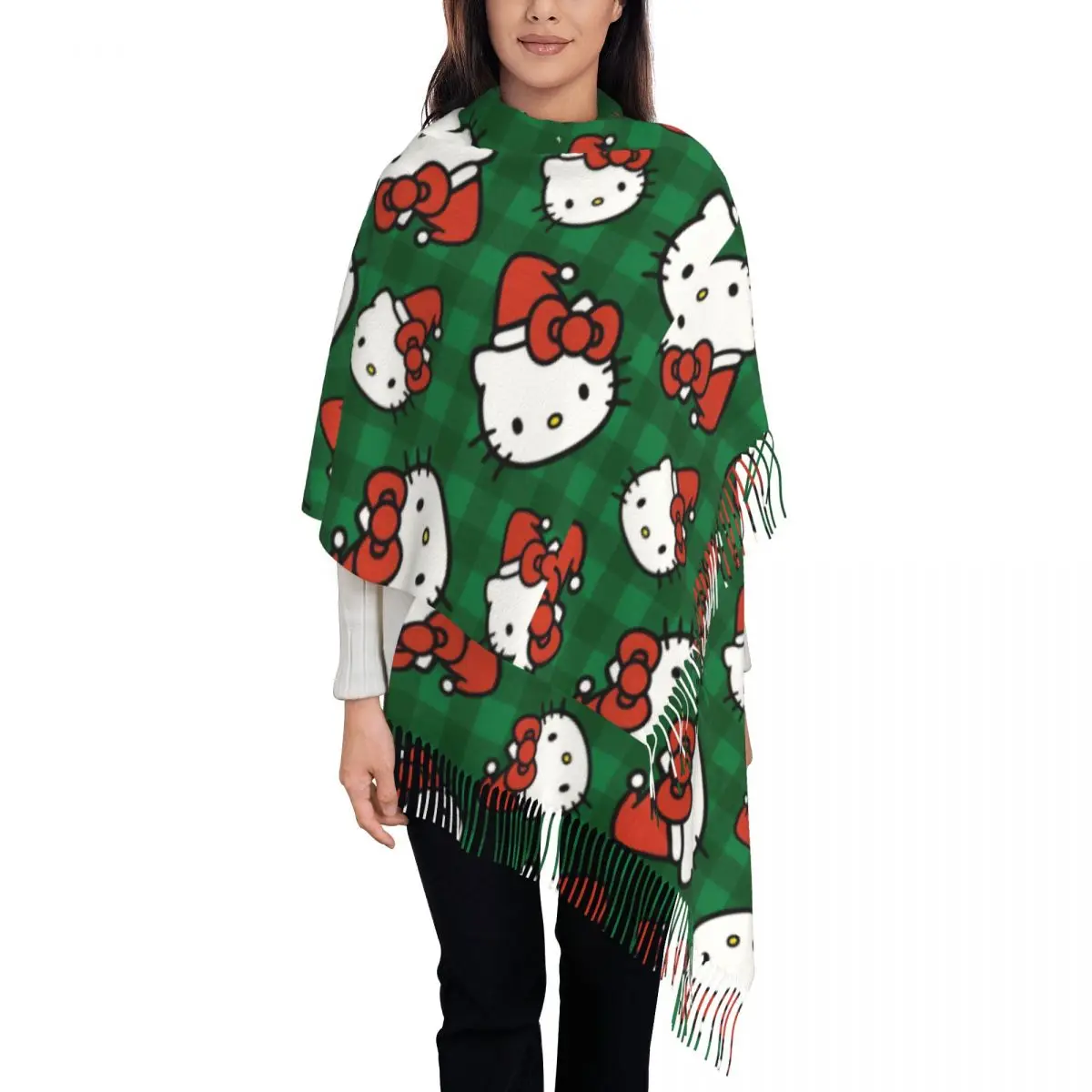 

Рождественский шарф с рисунком «Hello Kitty» для женщин, зимняя теплая кашемировая шаль, большие шарфы с кисточкой, повседневная одежда