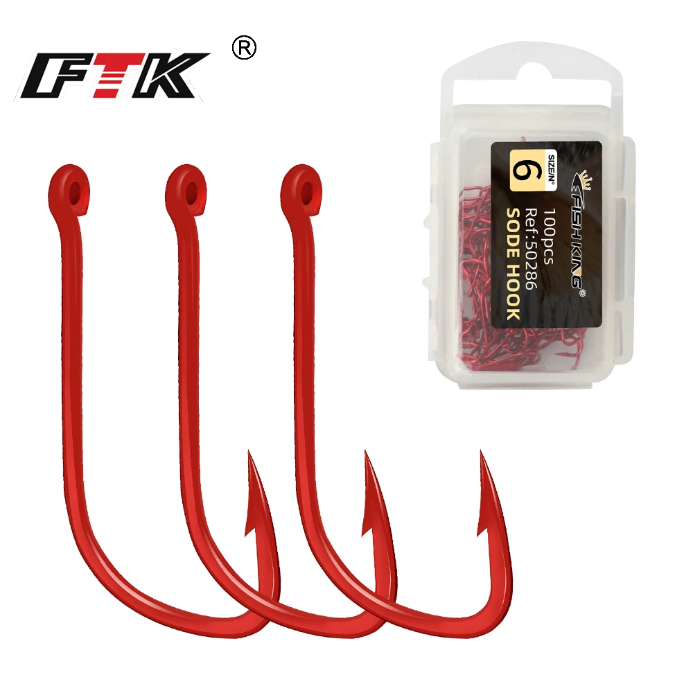 FTK Fishing Hook 50 sztuk/100 sztuk 6 #-10 # kolczasty stal wysokowęglowa czerwony z oczami Bent Baitholder Ringed Carp haczyk