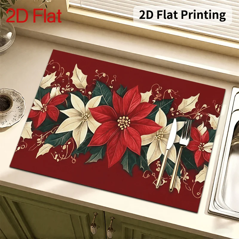 Christmas Poinsettia Flower Dish Drying Mat Red Floral Countertop Mat Absorbent Microfiber Coffee Bar Kitchen Counter Drying Pad