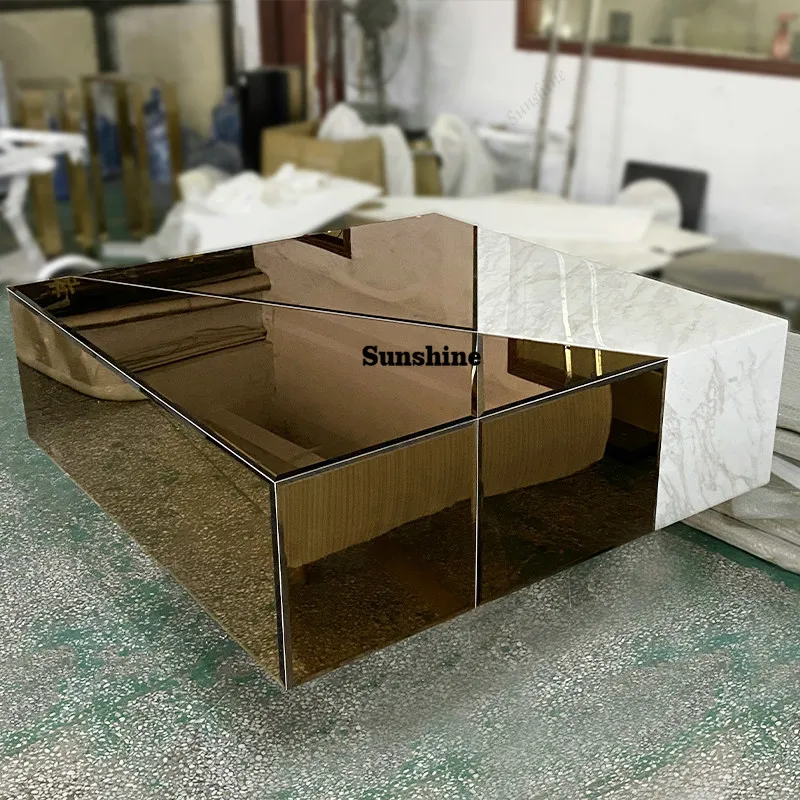 

Italian stainless steel metal tea table square marble glass coffee tableTJ