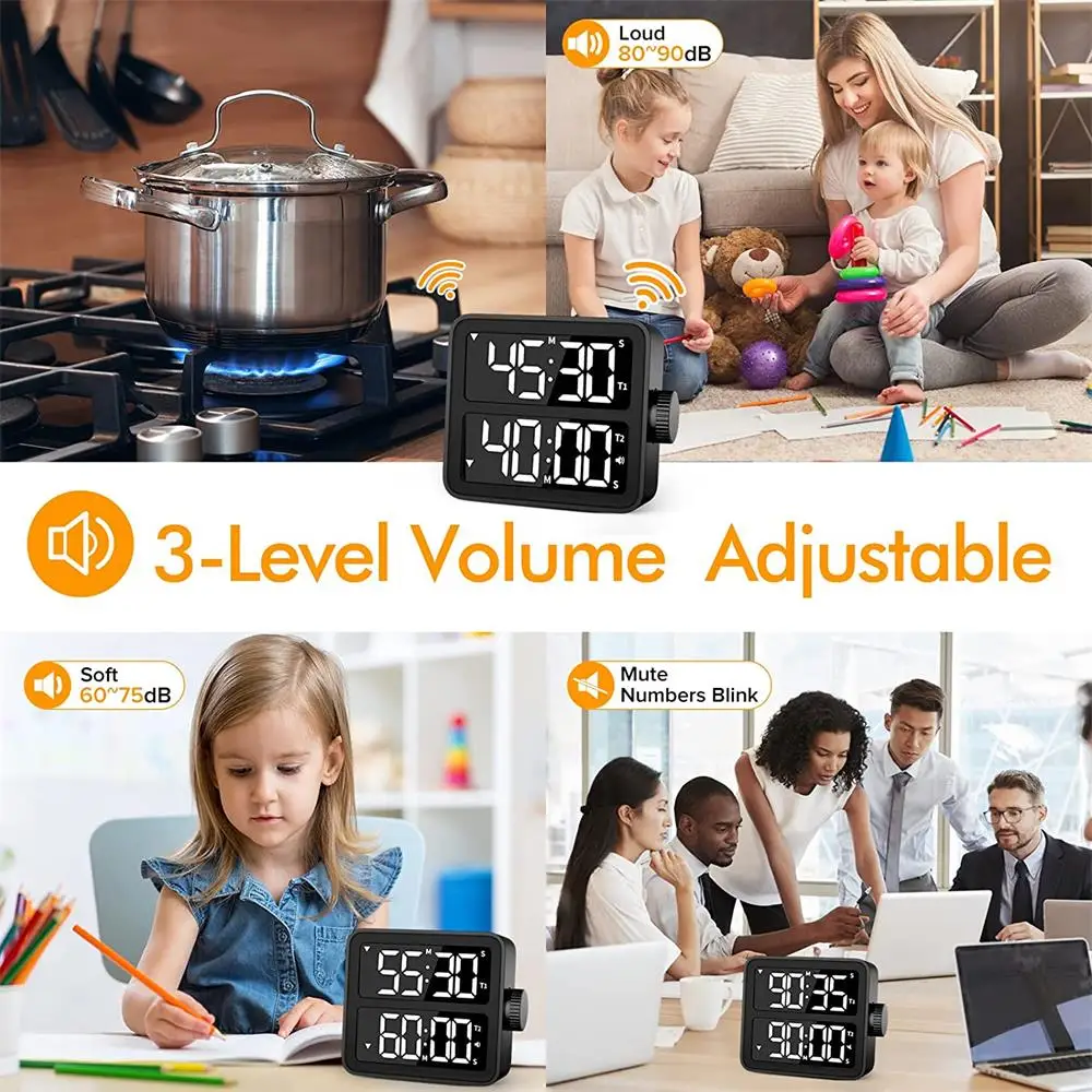 2-Channel Digital Timer Rechargeable Magnetic Countdown Timer with Dual LED Display Time Management Tool for Kitchen Classroom