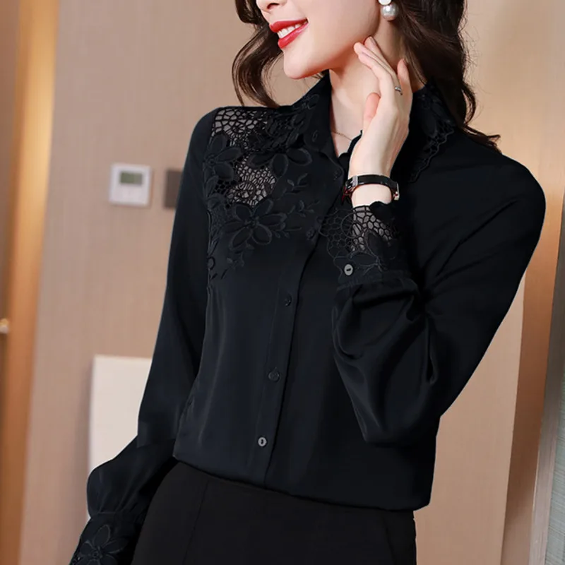 #2551 Black Blue Red Satin Shirt Women Embroidery Flower Hollow Out Office Shirt Long Sleeve Korean Style Vintage Shirt Female