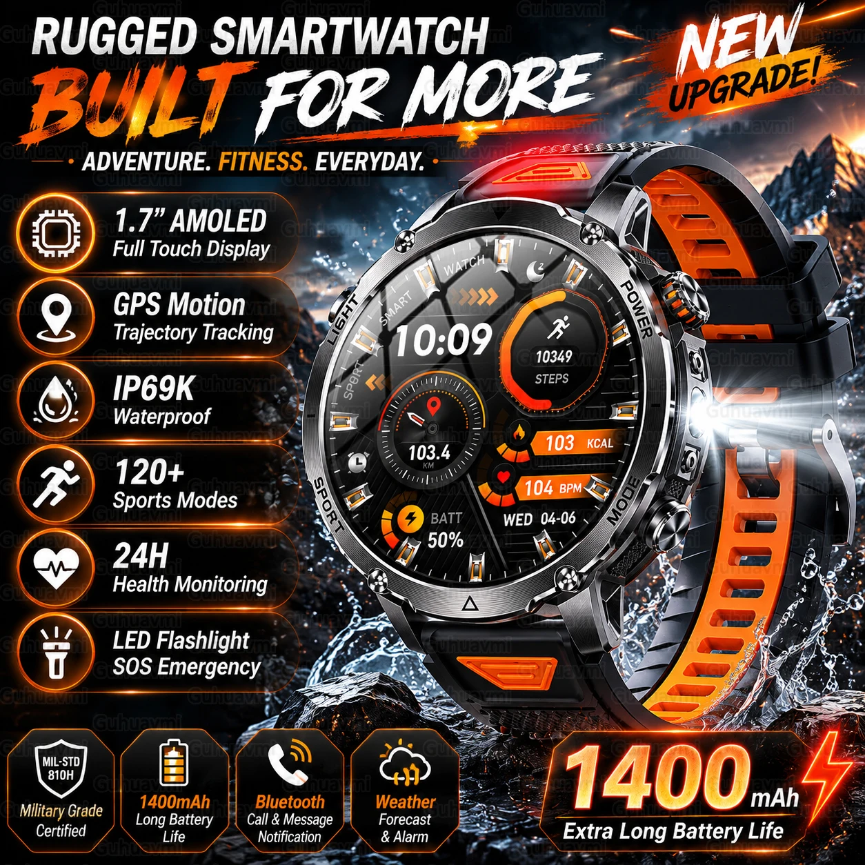 

2026 New 1400mAh Battery Military Outdoor Smart Watch Men 10ATM Waterproof Flashlight Heart Rate Bluetooth Call Sports Bracelets
