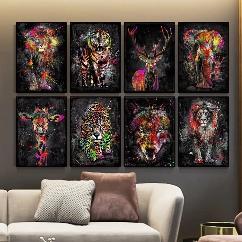 

Graffiti Abstract Animal Wall Art Poster Colorful Lion Elephant Home Decor Canvas Painting Living Room Decoration Mural Picture