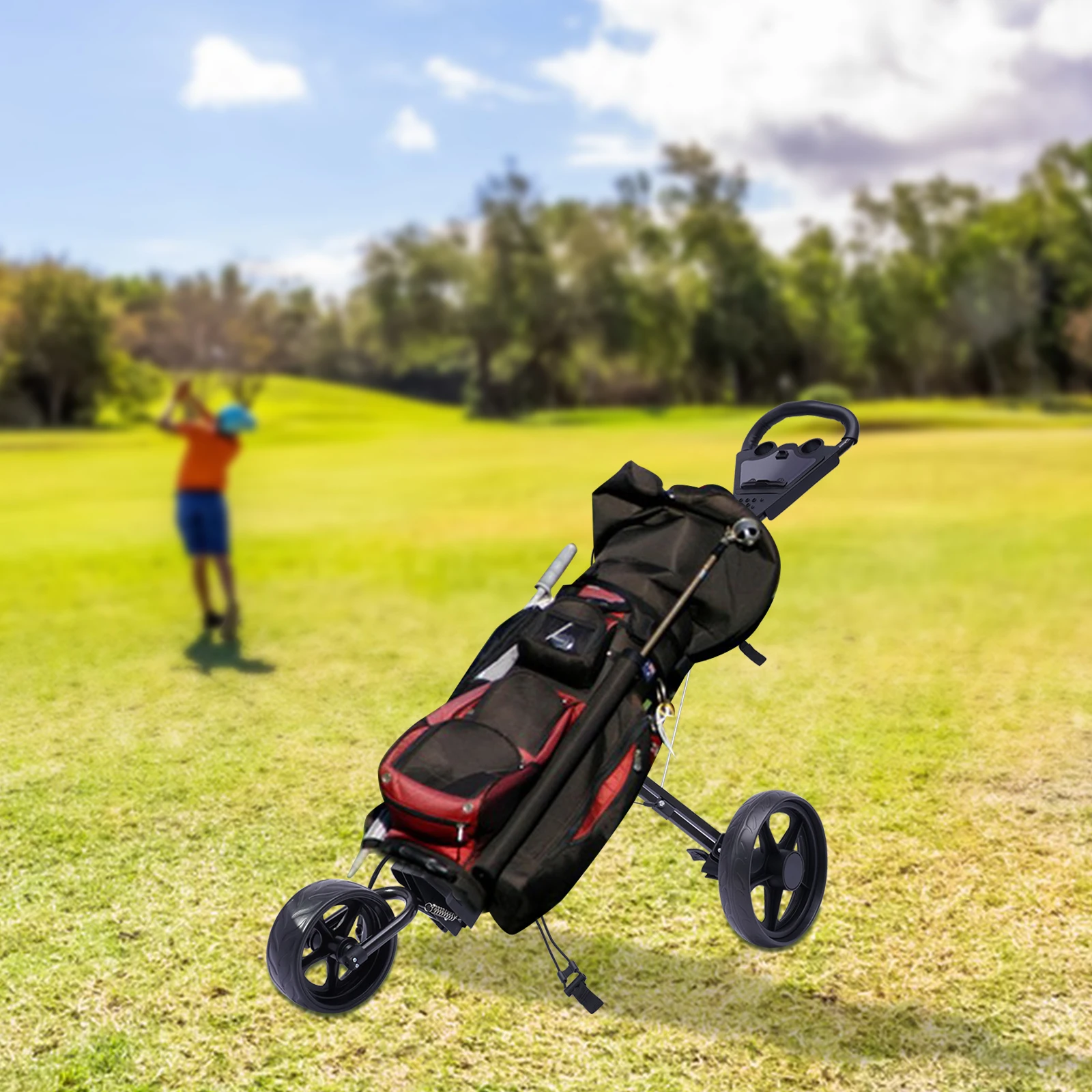 

3 Wheel Foldable/Collapsible Golf Push Cart with Foot Brake Open and Close in ONE Second-Free Cup Holder Included