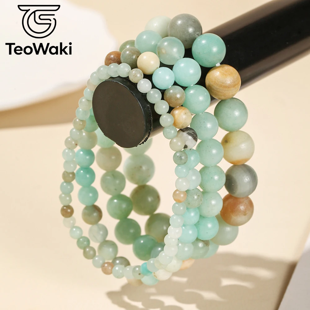 TeoWaki 4/6/8/10mm Natural Multicolor Amazonite Elastic Bracelet for Women Men Stress Reduction Maintaining Mental Balance 19cm