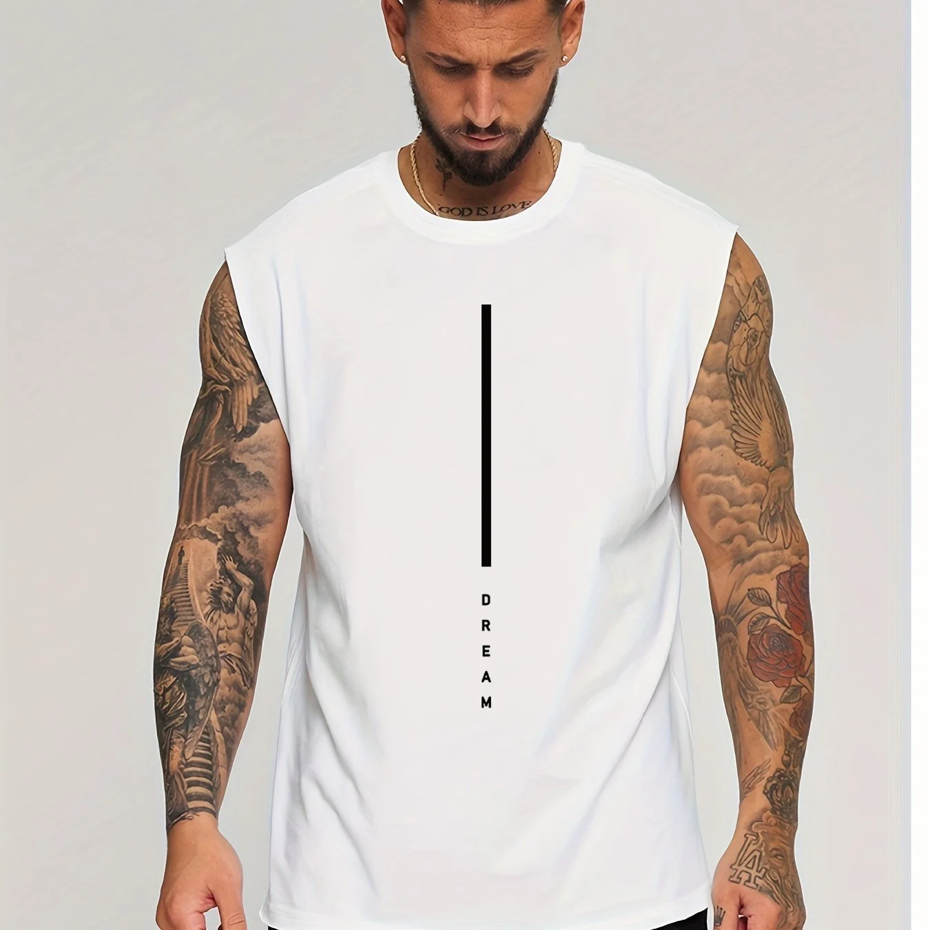 Men's Summer Leisure Sports Fitness Loose DREAM Letter Printed Comfortable Breathable Round Neck Sleeveless Tank Top