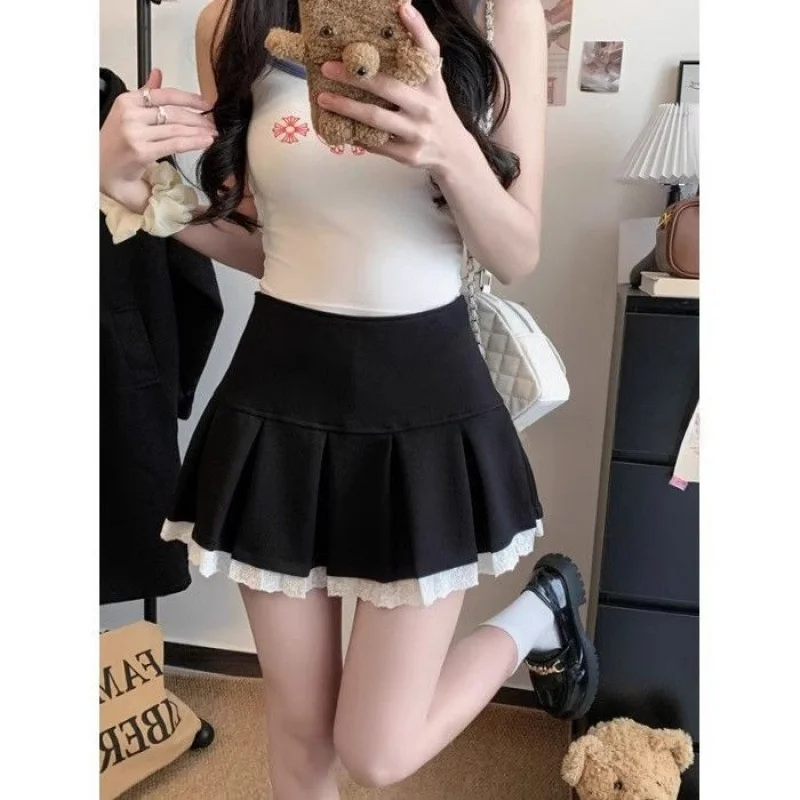 Sweet And Spicy Lace Splice  Skirt Women's Spring Vintage Anti-Light Pleated High Waist Slim A-Line Skirt Modern Style