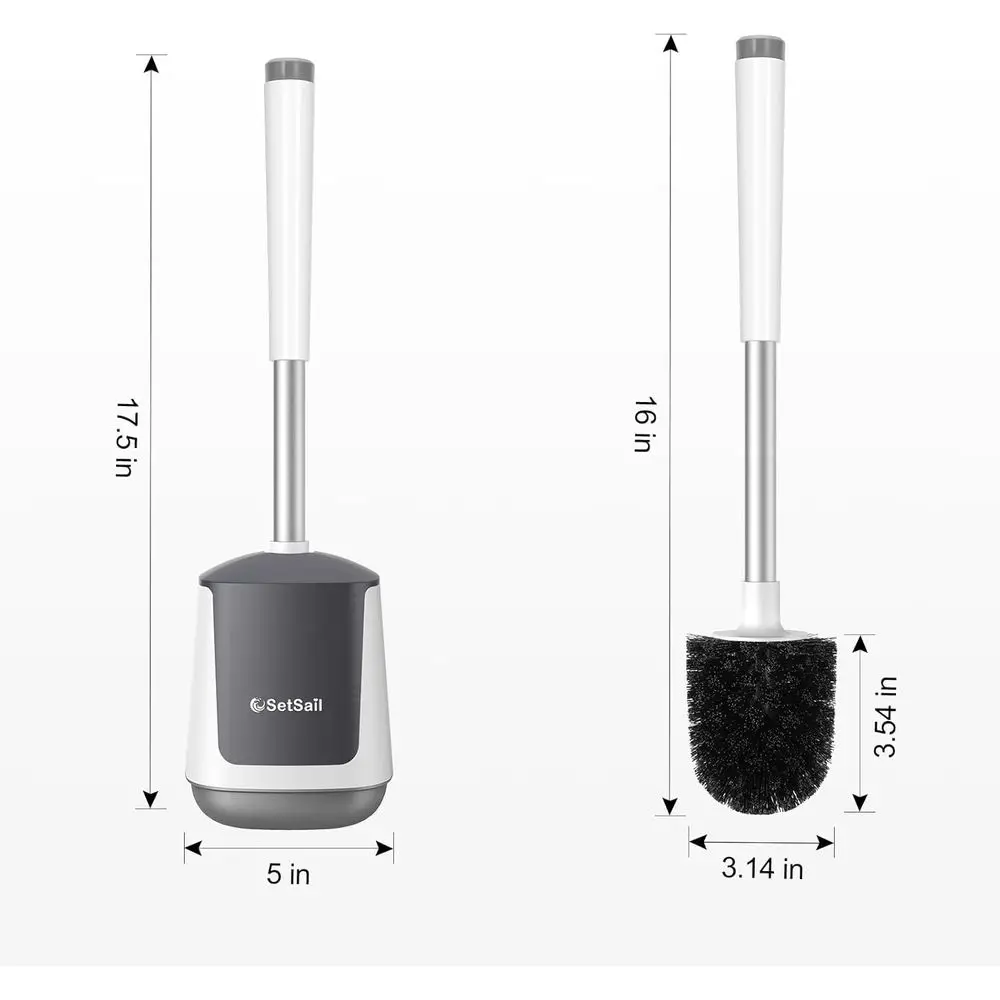 Closing Lid Toilet Bowl Brushes Holder and Extra Long Handle Ventilated Toilet Brush Set, Nylon Bristles, White & Grey view 2