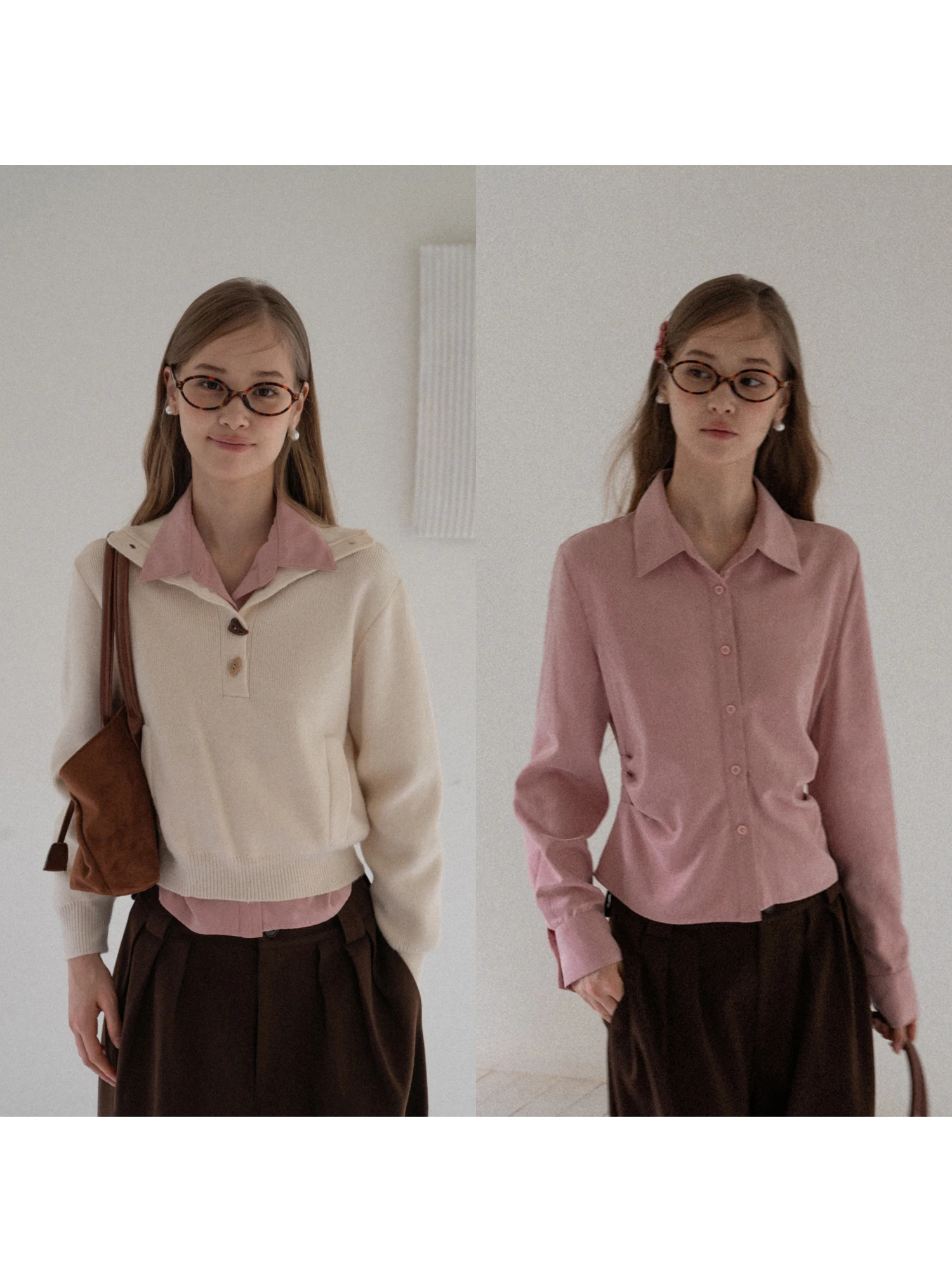 

Pink Long Sve irt EGGKA Folded Design Waist Inward Commuting Casual Personali ort Top Polyester Fiber Straight Tube