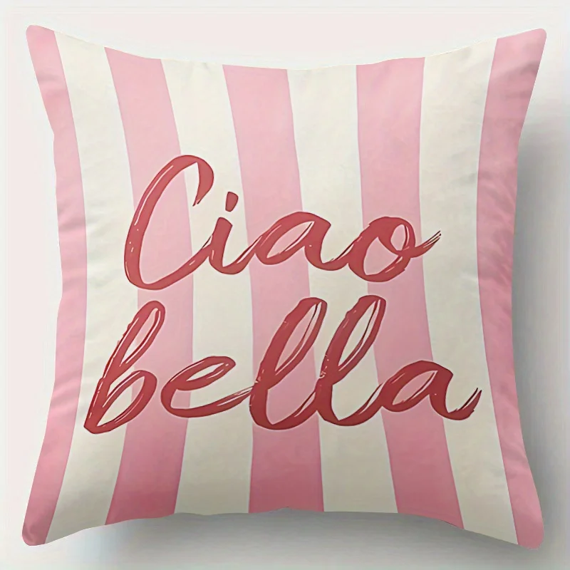 Vintage Ciao Bella Striped Double Sided Cushion Cover, Retro Italian Graphic Pillowcase for Home Sofa Bedroom Decor, 1PC