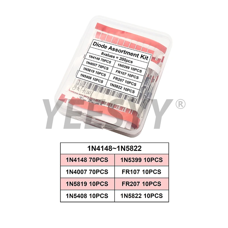 100/200PCS Diode Schottky Diode Kit Rectifier 1N4007 1N4148 1N5408 1N5819 1N5822 1N4001 1N4004 1N5404 FR107 FR207 Fast Switching