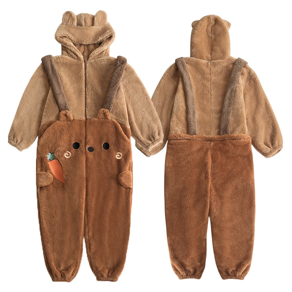 Flannel Animal Cartoon Bear Onesies Nightgown Adult Unisex One-piece Sleepwear Winter Jumpsuit Pajamas Halloween Cosplay Costume