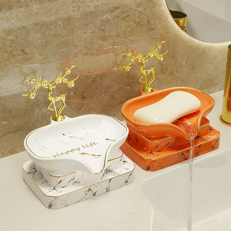 Light luxury soap box Soap box drain shelf decoration perforation-free high-end bathroom household ceramic soap dish