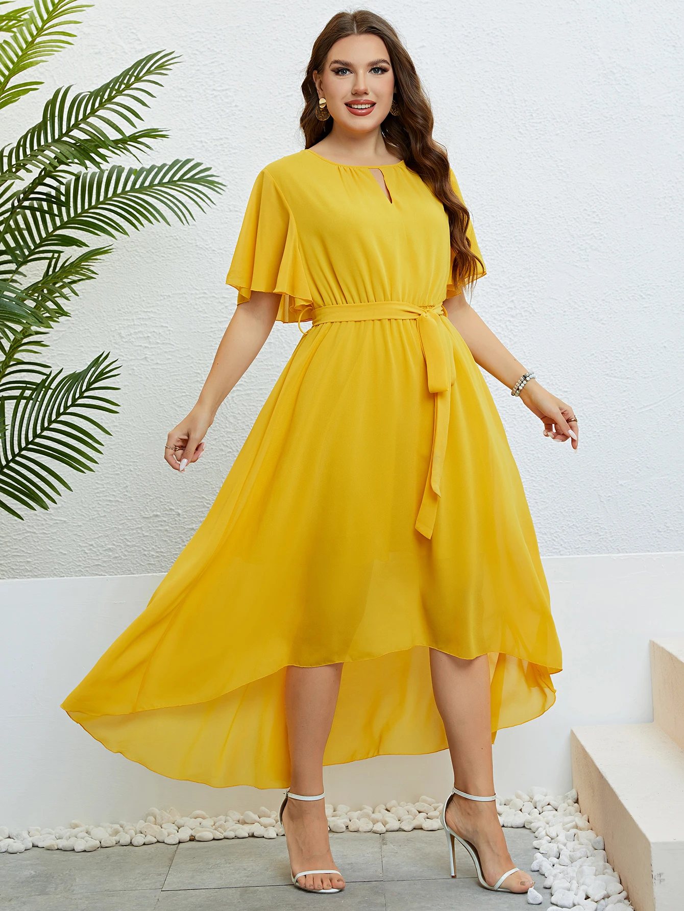 2024 Chiffon Party Dresses For Women Plus Size Summer Solid Color Casual Boho Beach Dress Ruffle Short Sleeve Belted Wrap Dress