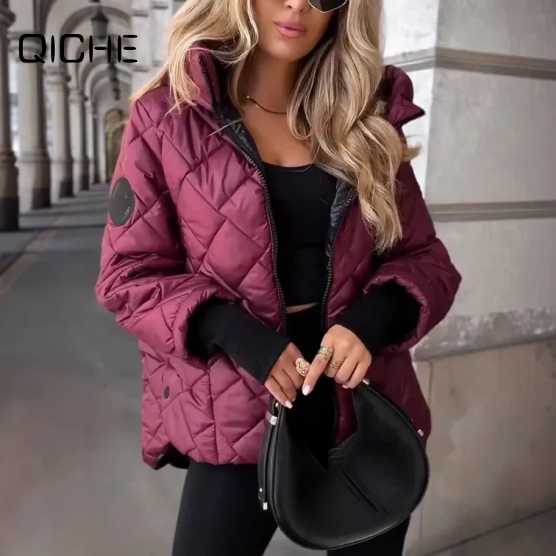 QICHE Trendy Short Hooded Cotton Coat Women Autumn‑Winter Rhombus‑Grid Lightweight Warm Casual Outerwear