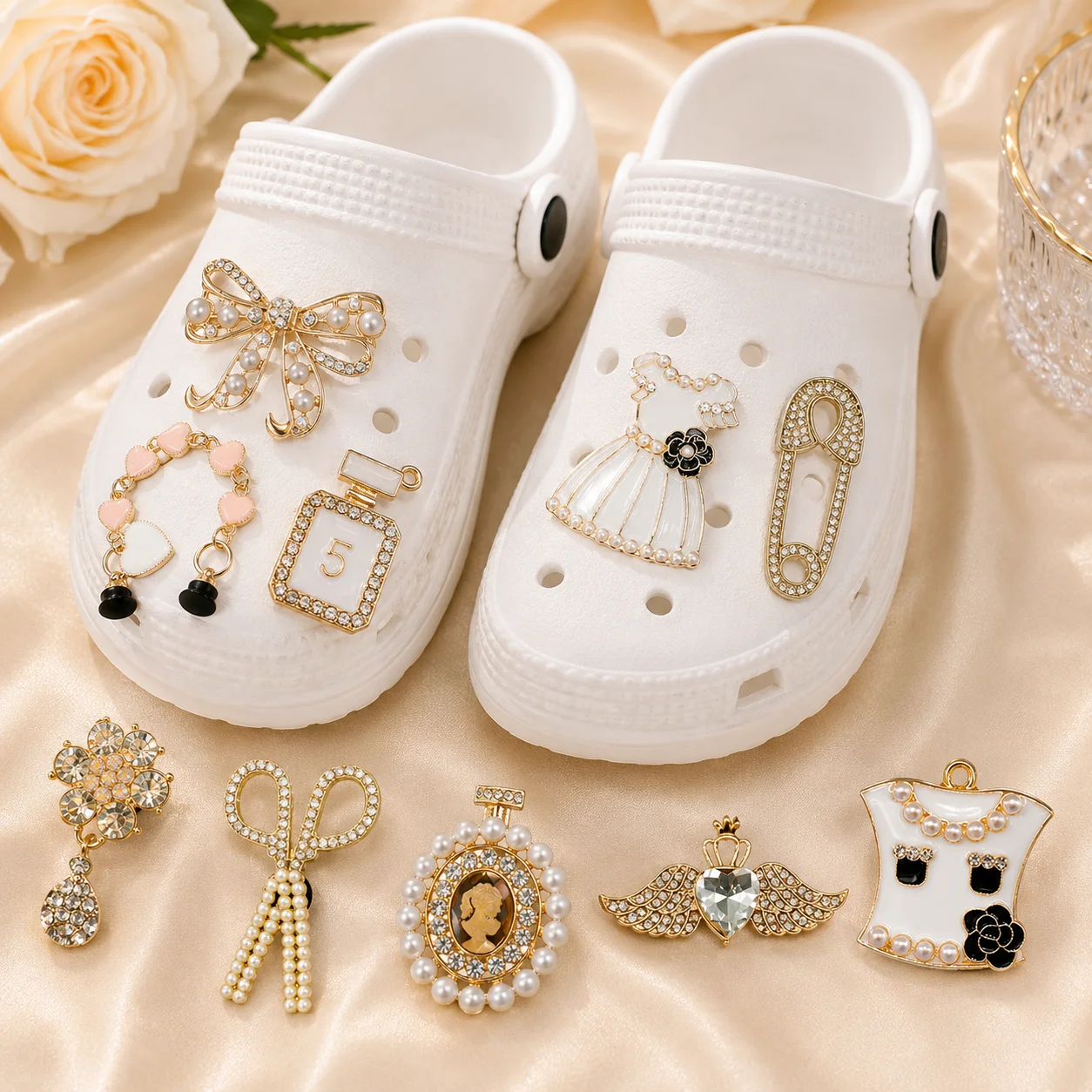 1/1PCS Luxury Metal Shoe Charms Set Rhinestone Pearl Bow Perfume Dress Safety Pin Detachable Pins for Clogs Glam Accessories