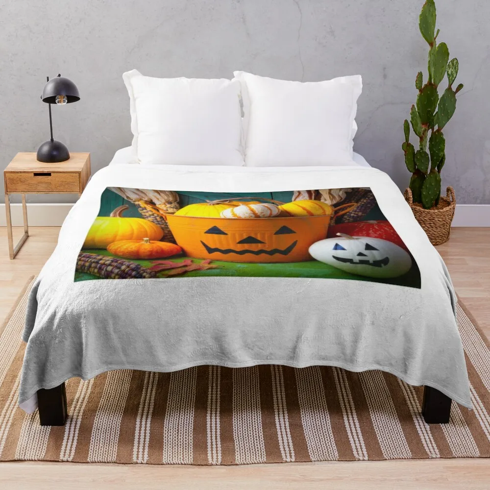 

Halloween Bucket And Pumpkin Still Life Throw Blanket Hairys bed plaid for babies Blankets