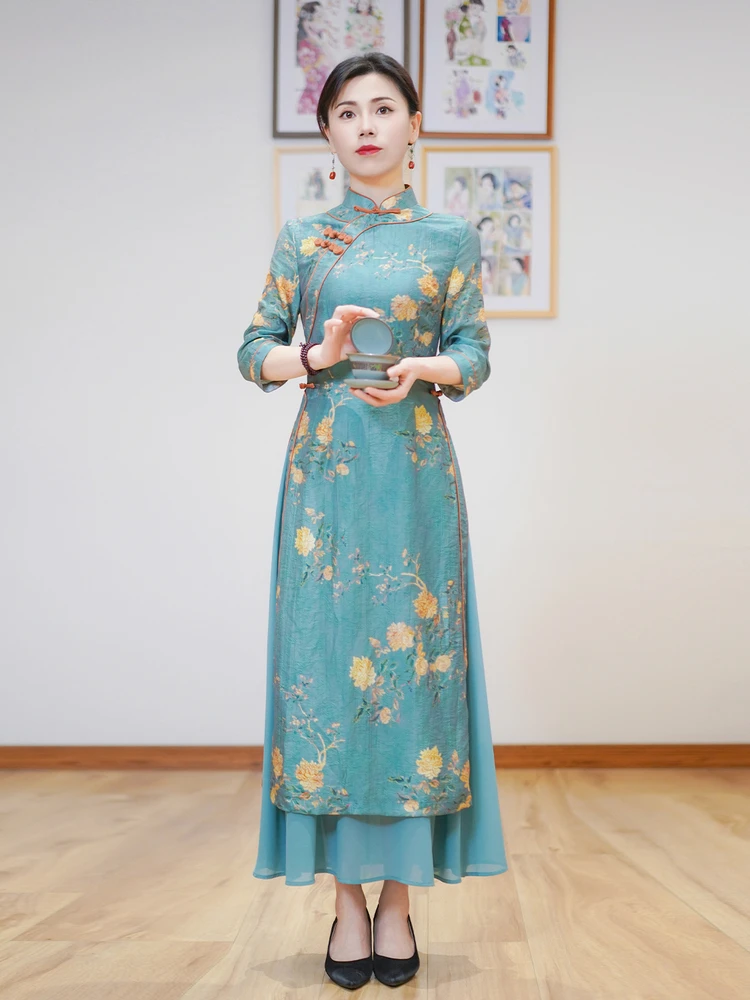 

Ele Long Qipao Dr Women's Faion Slimming Waist Design Split Skirt National Sle Daily Wear Pure E-commerce Ss