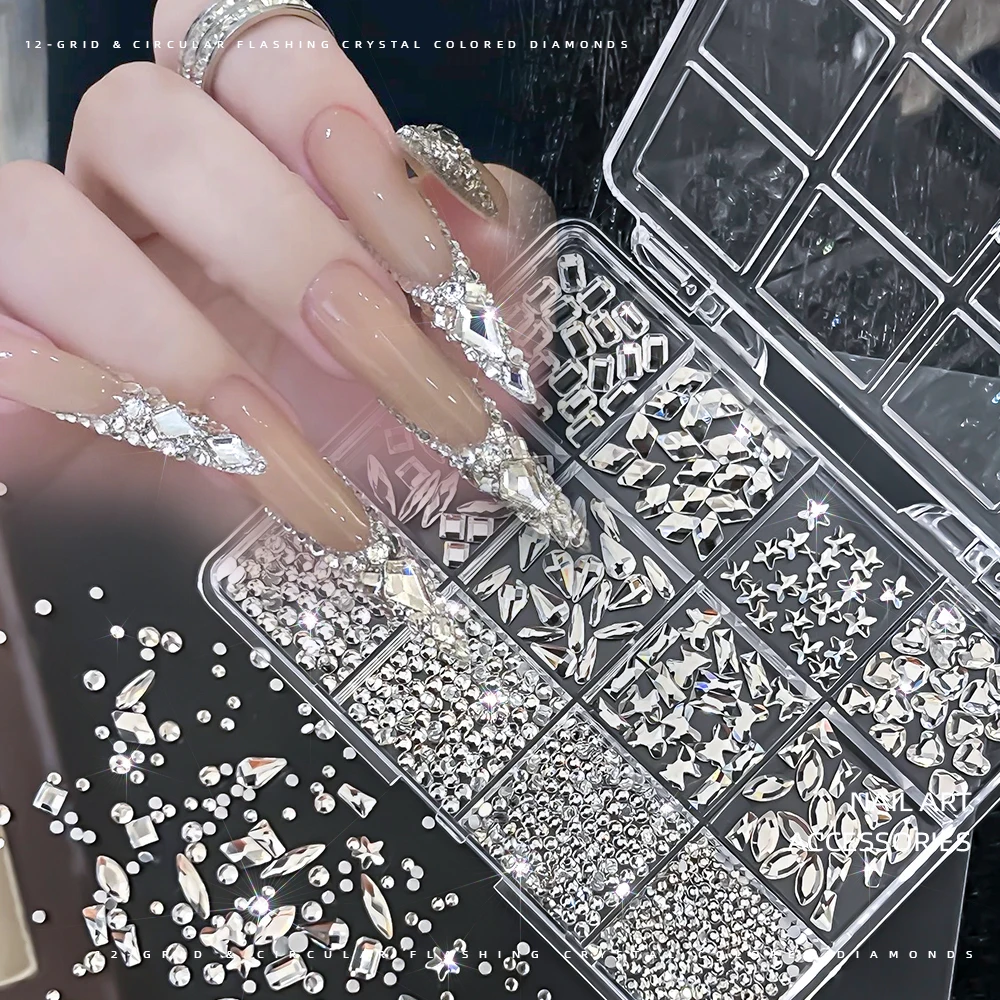 12Grids 3D Multiple-Shapes White Nail Art Rhinestones Mixed Round Square Star Heart Rhombus Gem Nails Jewelry DIY Nail Supplies