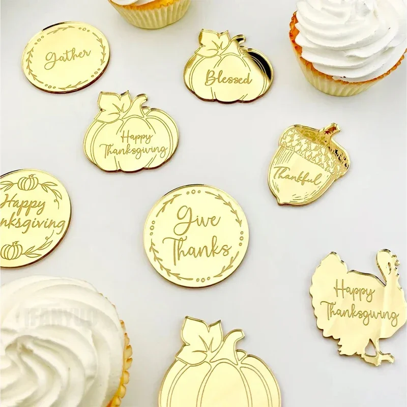 10Pcs Thank You Cup Cake Topper Gold Color Round Thanks Giving Cakes Decor Tools for DIY Dessert Party Decoration Supplies